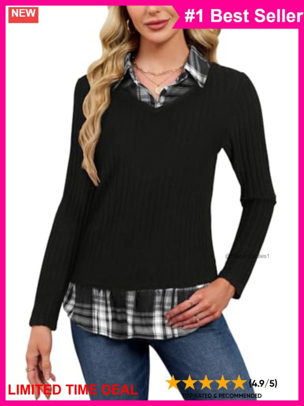 Women's Collared Twofer Sweater Plaid Layered Long Sleeve Pullover